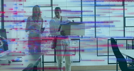 Carrying cardboard box, office man walking through desks, with phone and red garment tied at waist