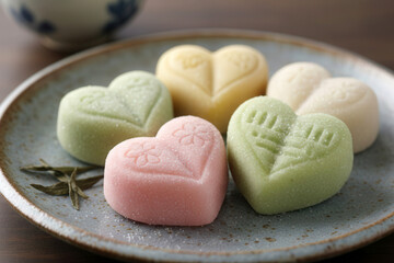 Macro of traditional Japanese wagashi shaped as hearts, capturing delicate textures, pastel colors, and Valentine's Day charm.
