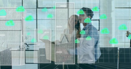 Analyzing team in collared shirts at office, viewing binary overlays and floating green cloud icons