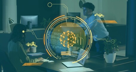 Analyzing coworkers in light blouse and button-up shirt studying monitor in office, viewing AR HUD