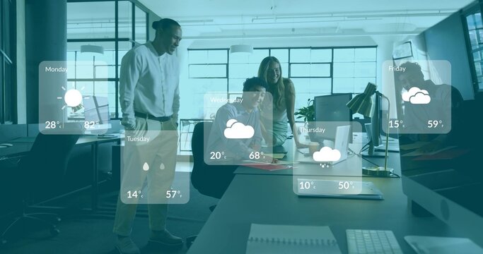 Collaborating 3 coworkers in open office in business wear, viewing monitor with laptop, weather UI
