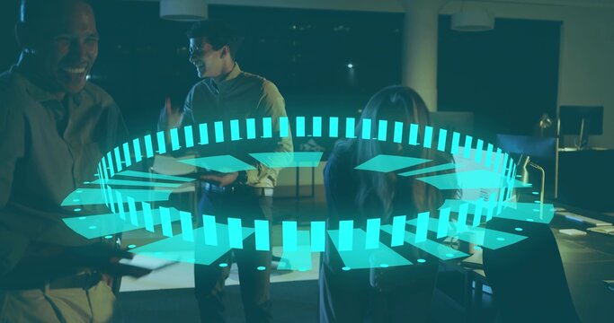 Projecting cyan circular interface above meeting table in dim office, team wearing business attire - Powered by Adobe