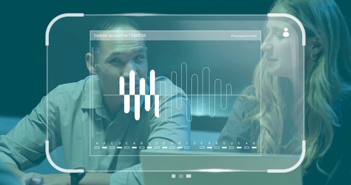 Reviewing man in light button-up and woman in dark jacket analyzing holographic HUD in office - Powered by Adobe