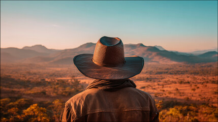 Rear view of cowboy with leather hat looking at the landscape of the Brazilian Sert&atilde;o, concept of freedom and adventure