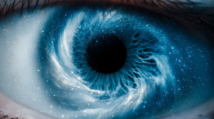 Close-up of a human eye with an iris in the shape of a cosmic spiral galaxy; futuristic vision concept and universe