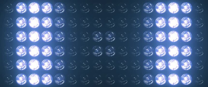 Widescreen flashing lights with bright blue lamps pulsing in patterns, perfect for music videos, club events, and show intros, concert visuals and dynamic stage backgrounds