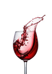 Elegant crystal wine glass with deep ruby red wine mid-splash forming a crown and tiny droplets, on a transparent background with high-key studio lighting, Concept for beverage advertising