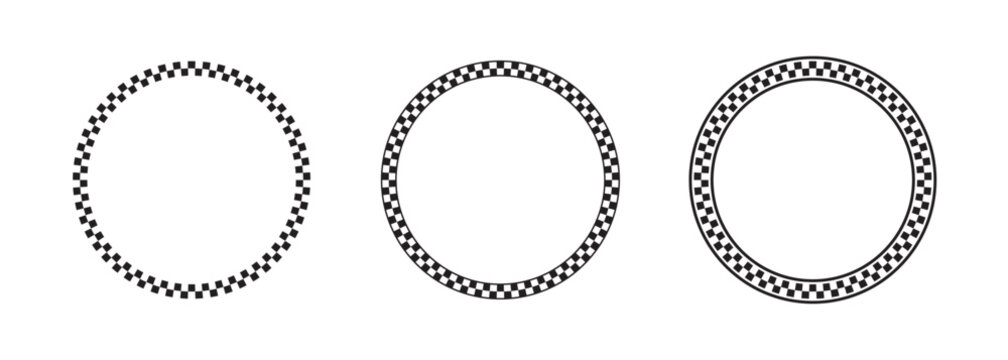 Set of checkered round frames isolated on white background. Vignettes with rally flag or chess board pattern. Circular geometric frameworks with squared print. Vector graphic illistration