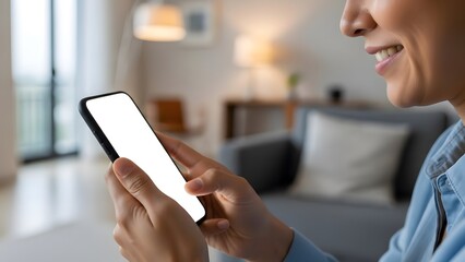 Woman smiling while using her smartphone in a cozy living room