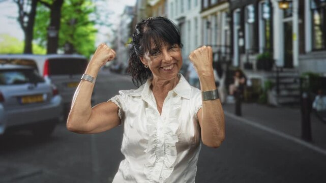 Woman flexes biceps and raises fists while smiling on a city street with parked cars and row houses; confidence resilience.