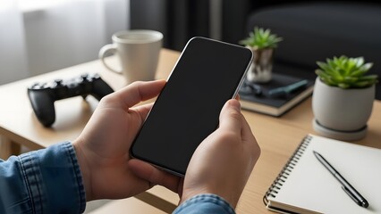 Person holding smartphone on desk with gaming controller and office supplies