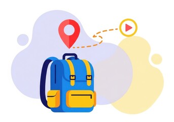 Blue backpack with yellow accents and a red location pin, play button, and dotted line indicating travel or a journey, on a light purple and yellow abstract background