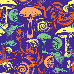 Obraz premium Psychedelic Mushroom Forest - Seamless Botanical Print for Fabric and Wallpaper 