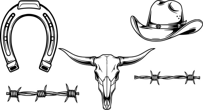 High-resolution vector PNG graphics of western design elements, including horseshoes, cowboy hats, longhorns, and barbed wire, ideal for branding and design 