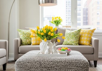 Cozy living room decorated for easter with yellow tulips, bunny figurines, and colorful eggs on a patterned ottoman in front of a sofa