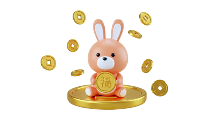 Cute Rabbit with Chinese Coins for Good Fortune