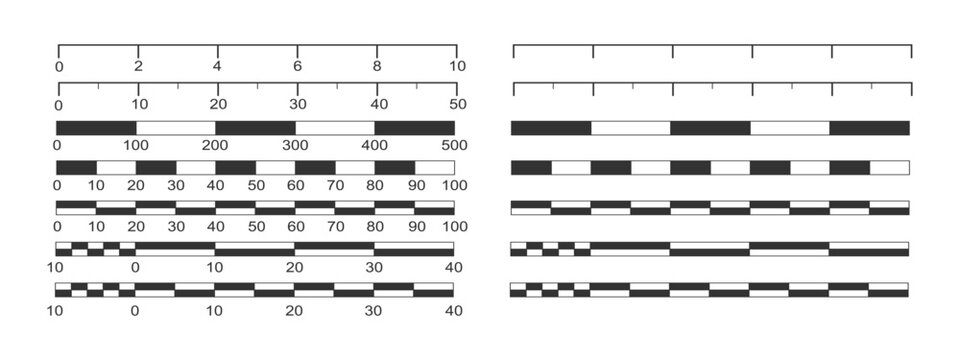 Set of line and bar map scales blank and with numbers. Distance measurement chart templates. Simple cartography navigation elements isolated on white background. Vector graphic illustration