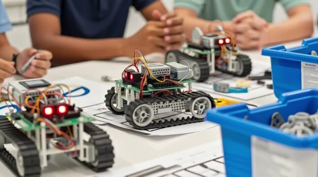 Robotics Workshop, Students, Classroom, Project Showcase, Educational Environment, Close-Up View, Innovation in Technology