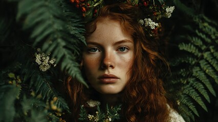 Ethereal Portrait of a Bride Surrounded by Fiery Greenery and Nature
