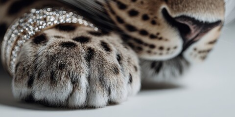 Close up detail of a leopard cat's padded paw resting near its muzzle showcasing luxurious spotted fur and a glittering diamond bracelet accessory.