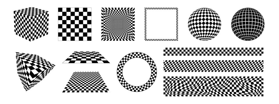Set of chessboards, checkered borders, round and square frames, isometric cubes and spheres isolated on white background. Patterns and figures with chequered print. Vector graphic illustration