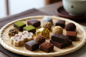 Close-up of a variety of Japanese Valentine&rsquo;s Day sweets displayed on a bamboo tray, soft light emphasizing textures, colors, and warm festive mood.