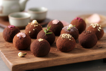 Close-up of chocolate truffles topped with edible flowers, emphasizing rich textures and warm, festive Valentine&rsquo;s Day mood.