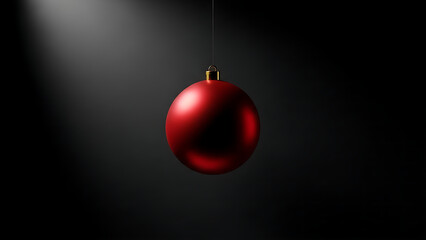 Fototapeta premium Red christmas bauble hanging in dark with spotlight