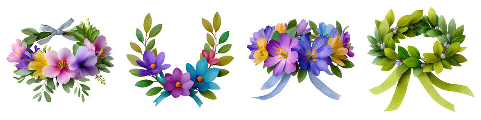 Obraz premium Hand painted flower crown, Colorful floral wreaths arranged in a row, showcasing various blooms and greenery, adorned with ribbons and leaves.
