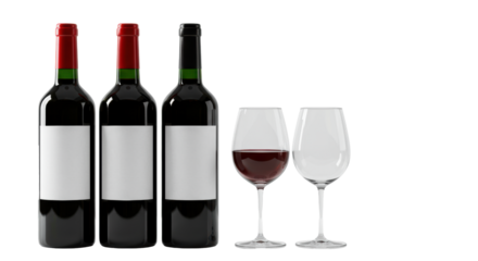 Four dark green Bordeaux wine bottles with blank labels and crimson caps, two crystal glasses (one full of ruby red wine, one empty) on a reflective white studio background, telephoto macro lens,