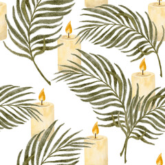 Image of Palm leaf and candle seamless pattern, hand-painted watercolor in soft olive and ivory tones, calm religious composition for Palm Sunday, Easter designs, spiritual branding, packaging, backgrounds art printed on Printed Glass Splashbacks