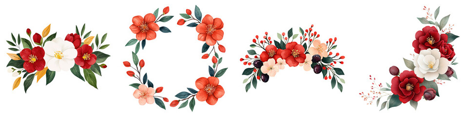 Hand painted flower crown, A collection of floral arrangements featuring vibrant red and white flowers with green leaves, showcasing various styles and compositions.
