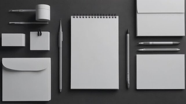 Overhead view of office stationery on a dark background with notebooks and pens neatly arranged
