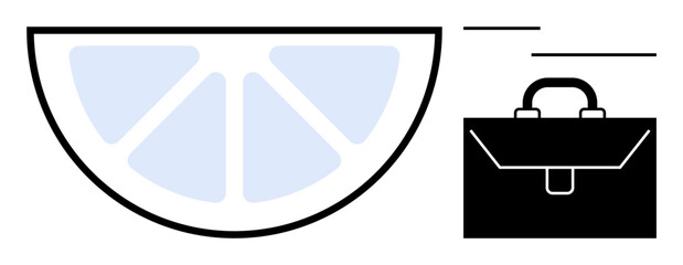 Business ideas, entrepreneurship, career growth, productivity, creativity, branding. Half lemon slice and briefcase icon with clean lines. Entrepreneurship and creativity concept © robu_s