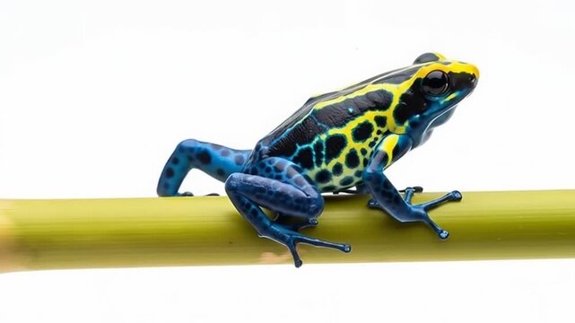 Striking Frog on Branch: A vibrant and exquisitely marked frog rests gracefully upon a natural perch, showcasing nature's artistry with its intricate patterns and brilliant colors.