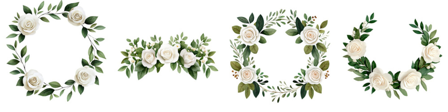 Hand painted flower crown, A collection of floral wreaths featuring elegant white roses and green foliage, arranged in various circular designs.