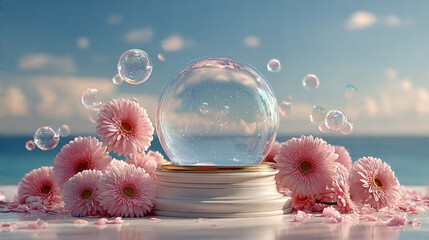 Crystal ball surrounded by pink flowers on a serene beach with floating bubbles