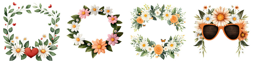 Fototapeta premium Hand painted flower crown, A collection of floral wreaths featuring colorful flowers and greenery, designed with various shapes and embellishments.