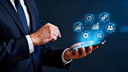 Businessman using smartphone with digital icons - Powered by Adobe