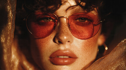 Portrait of a woman wearing sunglasses with a golden fabric backdrop
