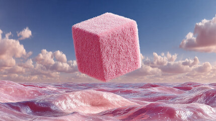 A pink cube floats serenely above rippling waters under a partly cloudy sky with blue hues