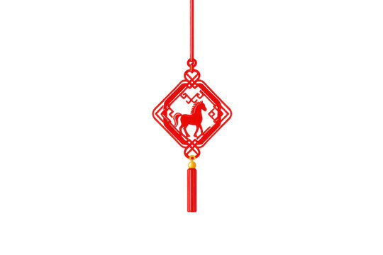 a simple flat 2D icon of a 'Chinese knot', a red decorative knot with a gold horse charm, minimalist design, solid red and gold colors, clean sharp lines, no shadows