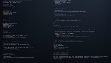 Blue code screen with programming data on a monitor. Digital virtual software development with abstract coding data.