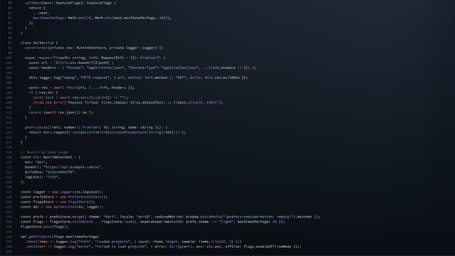 Computer screen displaying lines of Javascript program code. Digital software development work for coding background and programming concept.