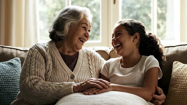 Warm Intergenerational Bonding Elderly Woman and Young Girl Laughing Together