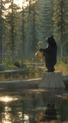 Bear playing saxophone on tree stump beside forest pond during sunrise