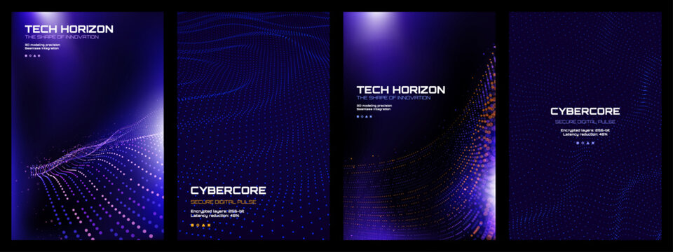 Four digital tech backgrounds with abstract dot patterns and text. Futuristic vector design for technology, data, and innovation concepts.