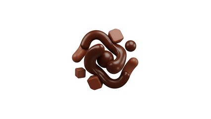 Artistic 3D render of abstract chocolate swirls and cubes, creating a rich, decadent pattern isolated on a white background, food and dessert concept.
