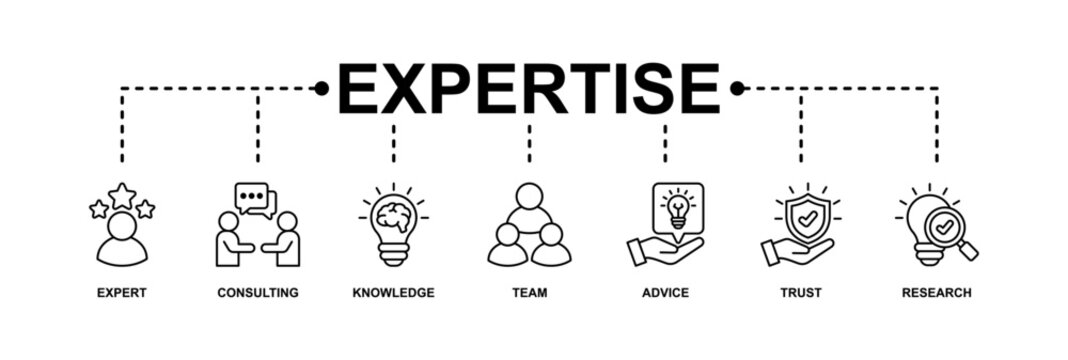 Expertise banner web icon vector illustration concept representing of high-level knowledge and experience with an icon of expert, consulting, knowledge, team, advice, trust, and research