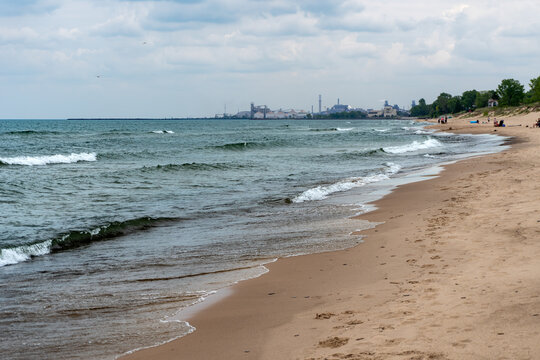 Indiana Dunes National Park along the southern shore of Lake Michigan. West Beach area, a popular beach portion of the park. Cleveland Cliffs, U.S. Steel&rsquo;s Midwest Plant and Port of Indiana.